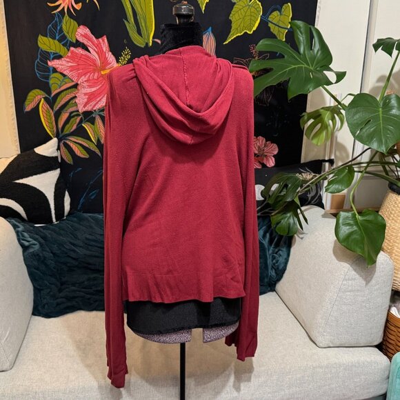 BCBG Max Azria Hooded Zippered Cardigan Knit Sweater, Rayon Blend, Cranberry, XL - Picture 3 of 12